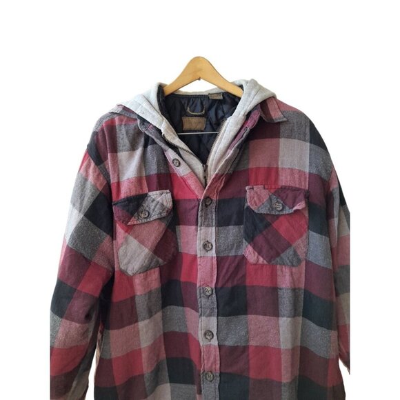 Mens Quilt Lined Red Plaid Hooded Heavyweight Chore Jacket Shacket Size 2XL - Picture 2 of 9